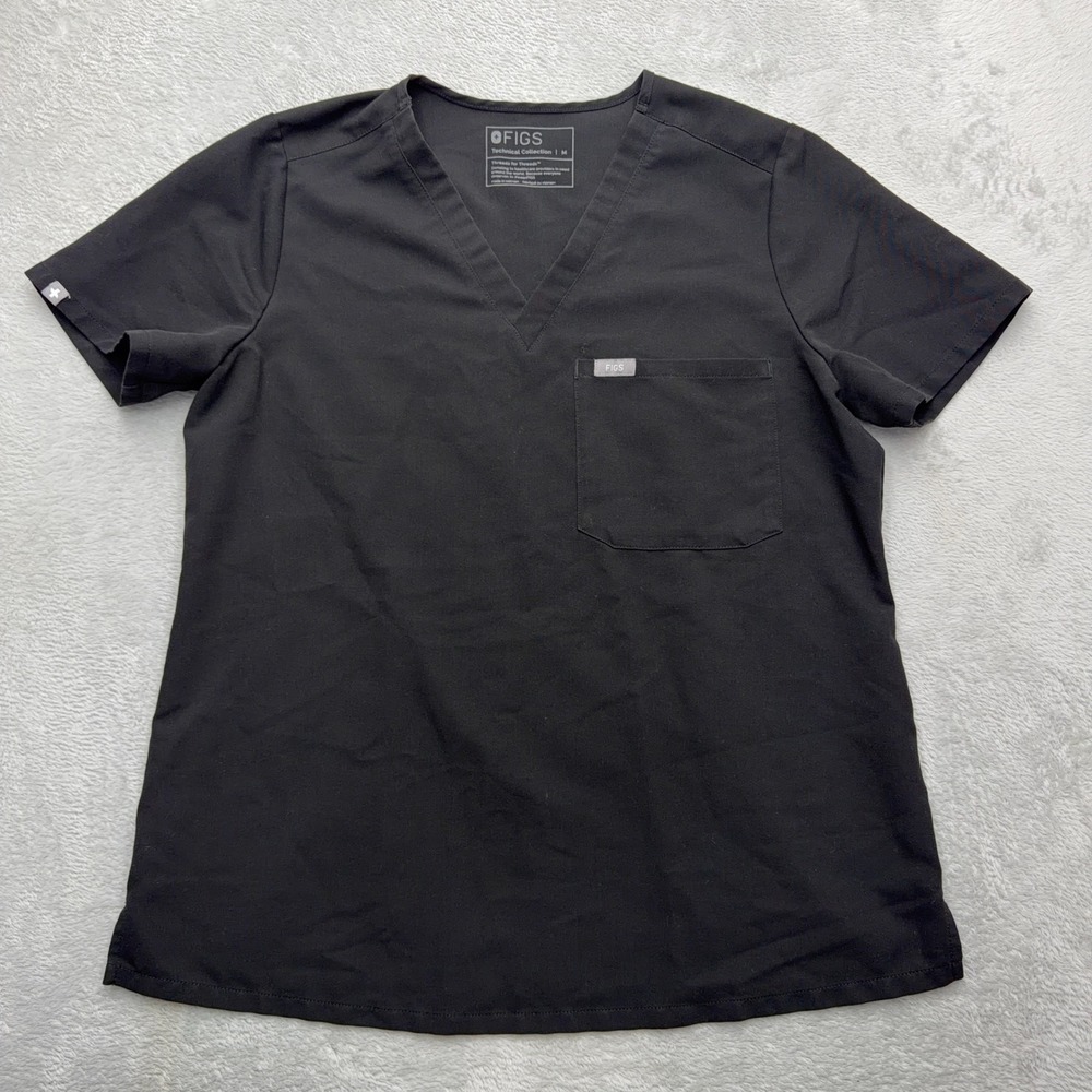FIGS Scrub Top Women M Black Technical Collection V-Neck Chest Pocket Short Slv